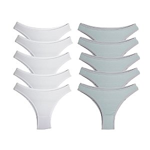 Kit 10 Calcinhas Tanga Microfibra Trybasics - Cinza / Branca
