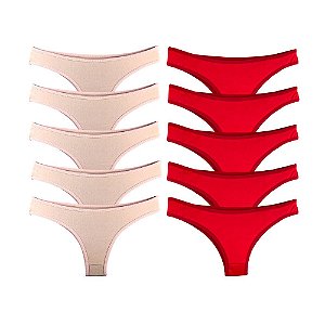 Promoção Kit 10 Calcinhas Tanga Algodão Básica - Vermelha e Bege