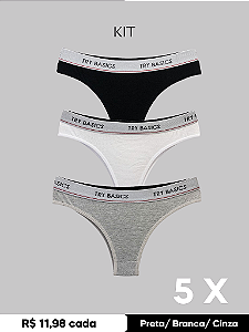 Kit 5 Calcinhas Fio com Elástico Trybasics - Preta/ Branca/ Cinza