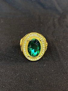DEDEIRA COM PEDRA VERDE CRAVEJADA BANHADA A OURO 18K