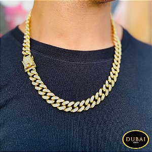 CORRENTE CUBAN 70CM 15MM BANHADA A OURO CRAVEJADA COM PEDRAS DE ZIRCÔNIA