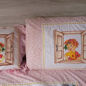 Jogo de cama de solteiro 3 peças Emília pintado à mão