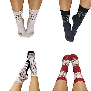 Pack Fest - 4 meias com antiderrapantes (1 Popping, 1 Christmas, 1 Christmas Lights Black e 1 Christmas Lights White)