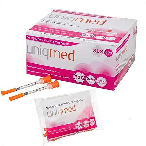 Seringa para Insulina Uniqmed 0,3mL (30UI) Agulha 6x0,25mm 31G - Caixa com 100 seringas