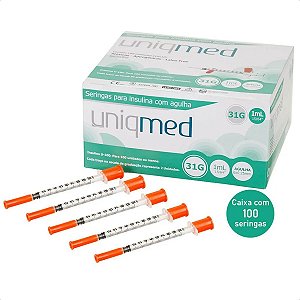 Seringa para Insulina Uniqmed 1mL (100UI) Agulha 6x0,25mm 31G - Caixa com 100 seringas