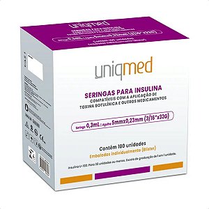 Seringas para Insulina Uniqmed 0,3mL (30UI) Agulha 5x0,23mm 32G - Caixa com 100