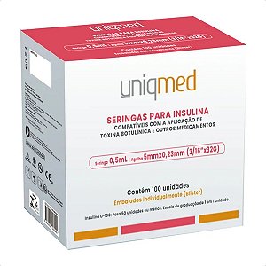 Seringas para Insulina Uniqmed 0,5mL (50UI) Agulha 5x0,23mm 32G - Caixa com 100 seringas