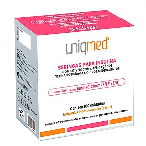 Seringas para Insulina Uniqmed 1mL (100UI) Agulha 5x0,23mm 32G - Caixa com 100 seringas