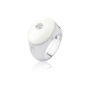 Anel Oval Esmaltado Branco com Detalhe Cravejado