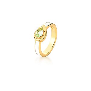 Anel Esmaltado Branco com Zircônia em Gota Verde