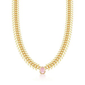 Colar Choker Espinha de Peixe Pingente Rosa