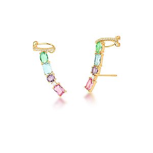 Brinco Ear Cuff Zircônias Coloridas e Piercing