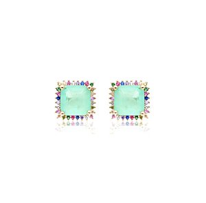 Brinco Pedra Quadrada Turmalina Cravejada ao Redor com Zircônias Coloridas