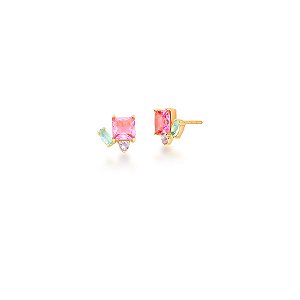 Brinco Zircônia Quadrada Rosa com Detalhe de Baguete Acqua e Circulo Tanzanita