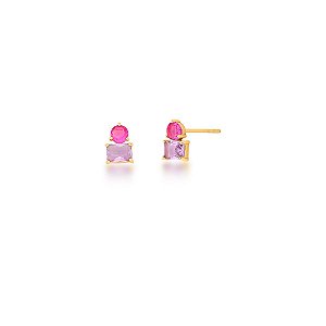 Brinco Zircônia Redonda Rosa e Zircônia Retangular Roxa