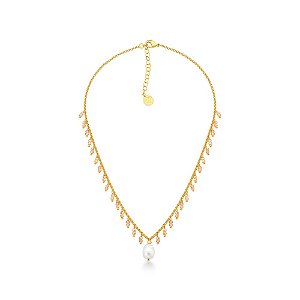 Colar Dourado com Pedras Âmbar e Pérola Central