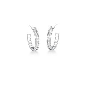 Brinco de Argola Branco Baguetado e com Cravação ao Redor