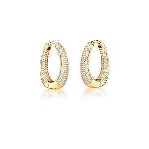 Brinco de Argola Oval Crescente Dourado Cravejação Frente e Verso