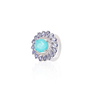 Anel Zircônia Turmalina Fusion Oval Central com Zircônias Tanzanita Gota ao Redor
