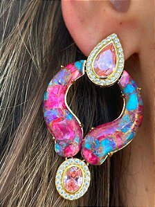 Brinco Abaloado em Turquesa Cooper e Quartzo Rosa