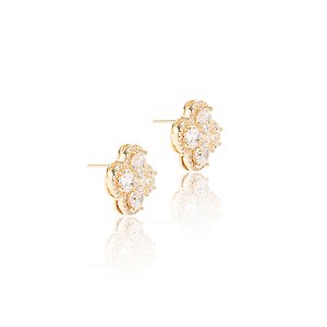 Brinco Trevo com Cravação em Zircônia em Prata com Banho de Ouro Dourado