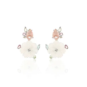 Brinco 2 em 1 Flor em Madreperola com Gota em Morganita Fusion e Zircônias Coloridas de Ródio Branco