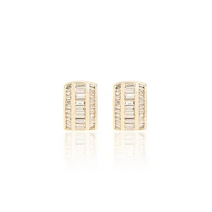 Brinco Argola Inteira Média de Baguetes com 3 Fileiras com Banho de Ouro Dourado