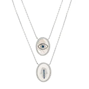 Colar Escapulário com Madrepérola e Hamsa e Olho Grego Cravejado em Banho de Ródio Branco