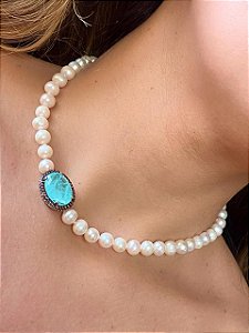 Colar de Pérolas com Detalhe em Turmalina Acqua Fusion e Cravação Chocolate em Ródio Branco (40cm)