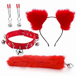 Kit Gatinha PLUG CALDA, PRENDEDOR MAMILO, ORELHAS e COLEIRA (VERMELHA)