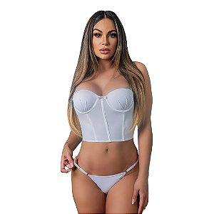 Conjunto Corselet Microfibra com Barbatana e Bojo BRANCO