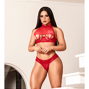 Conjunto Fan sem Bojo e com Aro com Tiras na Frente e Tule Trabalhado VERMELHO