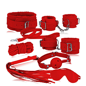 Kit Bondage com 7 Peças com Forro em Pelúcia VERMELHO