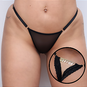 Calcinha Fio Dental Gis Strass com Escrita Me Fode Aberta PRETA