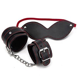 Kit Sado com Algema Bracelete e Venda SUPER RESISTENTE Preta