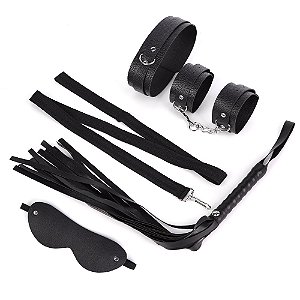 Kit Sado Bondage com 5 Produtos (Venda + Algema + Chicote + Coleira + Guia)