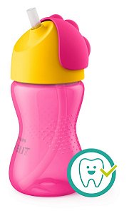 Copo com Canudo Curvado Dinossauro Rosa 300ml -  Avent  12m+