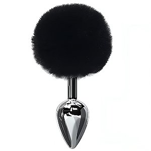 Plug Anal em Aço Prateado Tamanho P com Pompom Preto