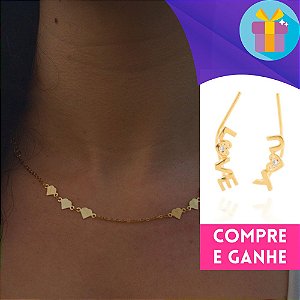Choker gargantilha de medalhinhas coração banhado em ouro