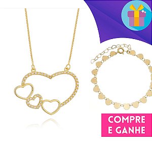 Colar corrente veneziana com pingente de corações banhado a ouro