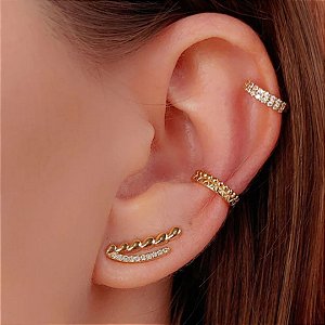 Brinco ear cuff de gotas cravejado zircônias banhado a ouro