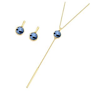 Conjunto brinco e colar 2 em 1 gravatinha de  pedra sodalita facetada  banhado a ouro