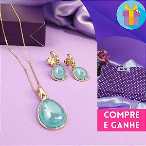 Conjunto gota ágata azul perolado banhado a ouro