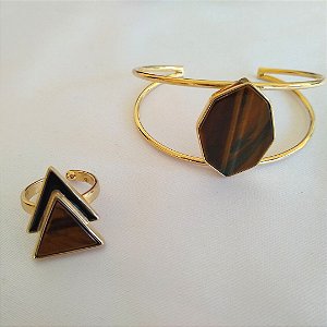 Kit Anel e Bracelete de pedra natural olho de tigre folheado a ouro 18k