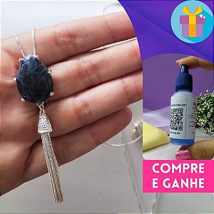 Colar triplo com pingente de pedra natural sodalita banhado a prata