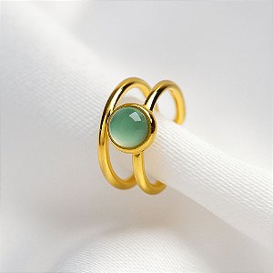 Piercing Fake Duplo de Pedra Natural Ágata Azul Céu Banhado a Ouro