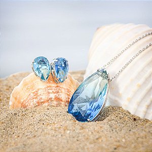 Conjunto colar e brinco gota azul celeste banho de ródio branco