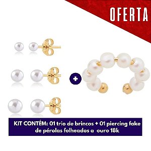 Mix Pérolas - Trio de brincos e piercing fake de pérolas banhado a ouro