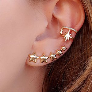 Mix Estrela – Brinco Ear Cuff e Piercing Fake com Zircônias Banhado a Ouro