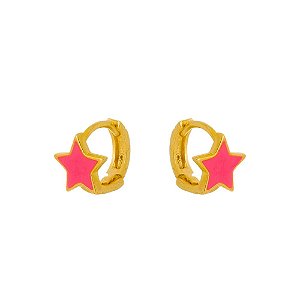 Brinco de argolinha click com estrela colorida banhado a ouro